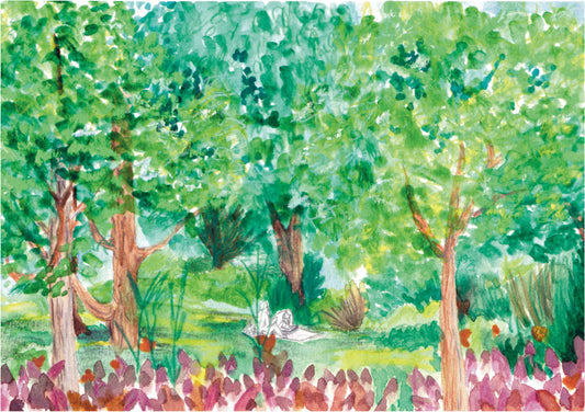giclée print of a watercolour painting made by Verónica Silva, representing a booknic. Two girls seat in the middle of a park, reading and relaxing.